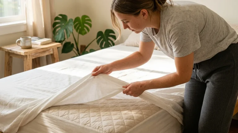 A close-up shot of a person lifting a white fitted sheet off a quilted mattress in a sun-drenched bedroom.