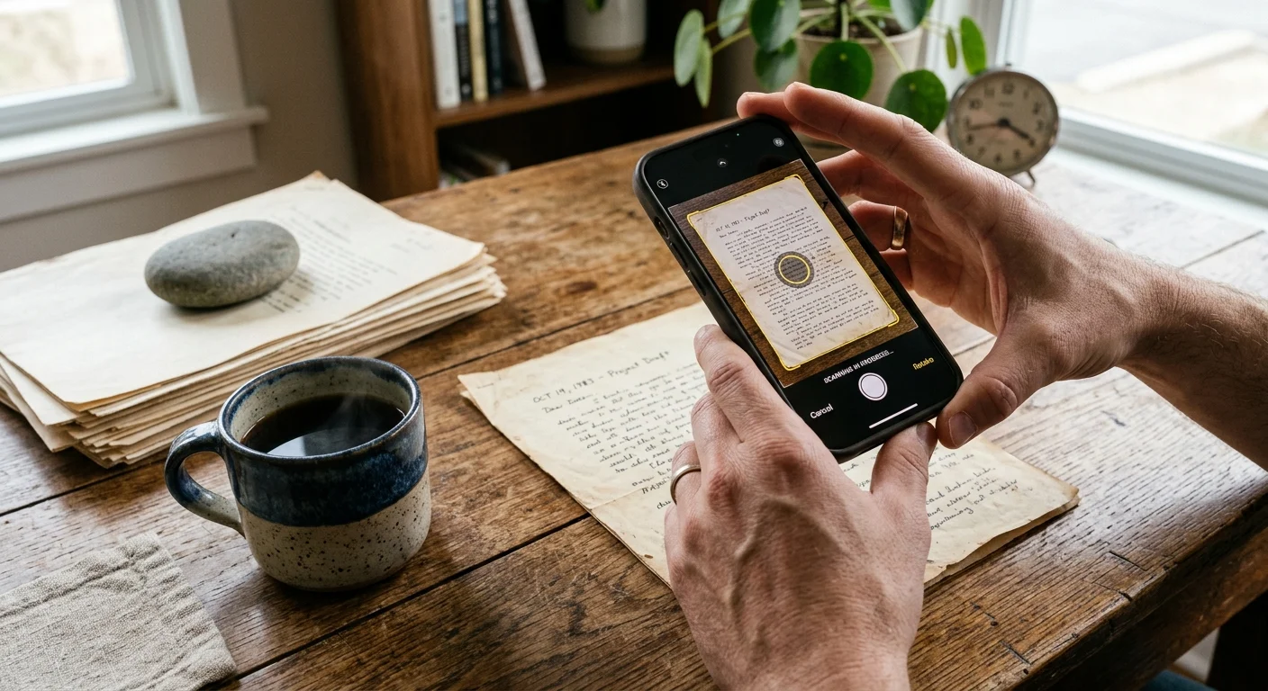 A close-up shot of a person using a smartphone to scan a paper document on a sunlit wooden desk next to a coffee mug.