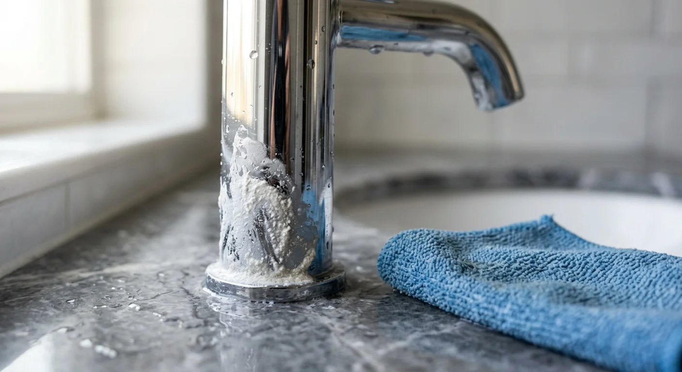 A close-up shot of a white cleaning paste applied to a mineral stain on a chrome bathroom faucet.