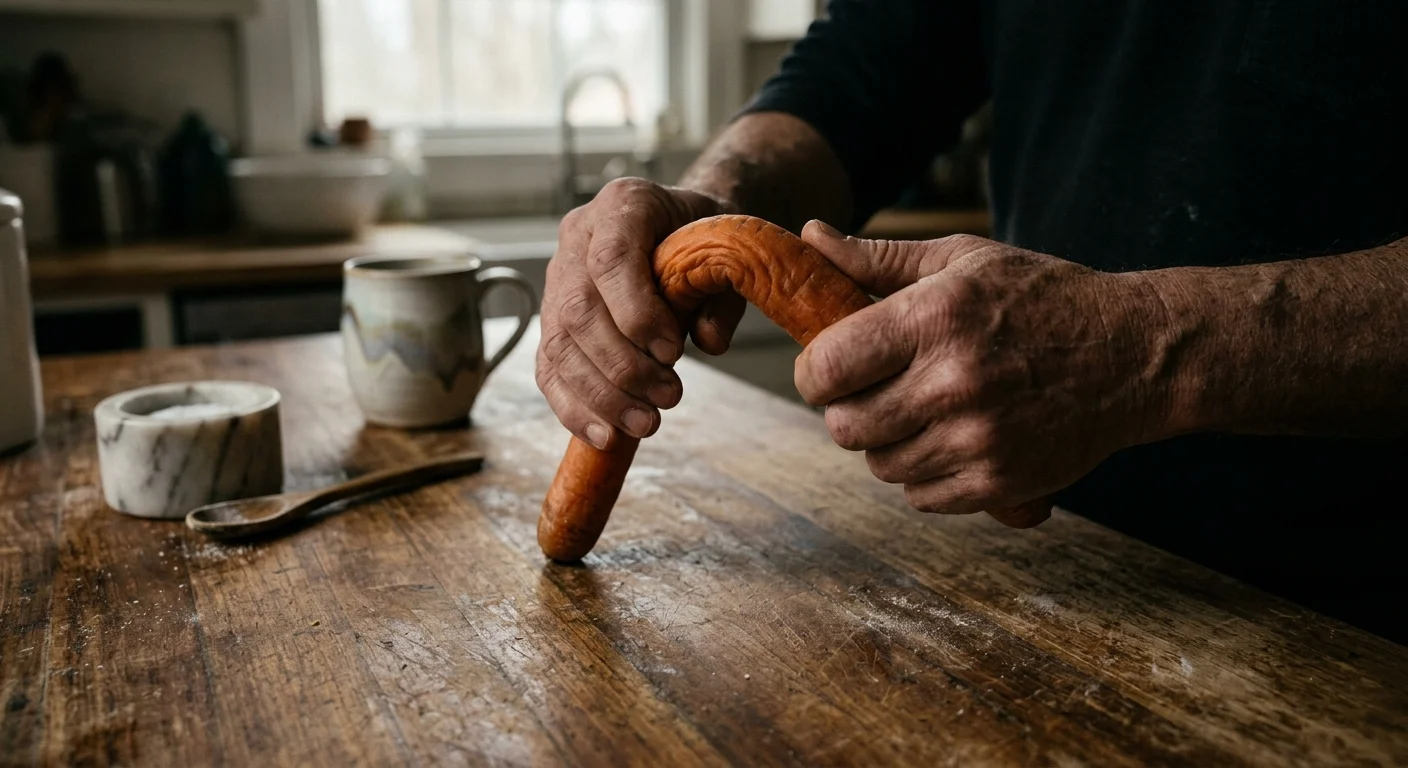 A close-up shot of hands bending a limp, rubbery carrot over a rustic wooden kitchen counter.