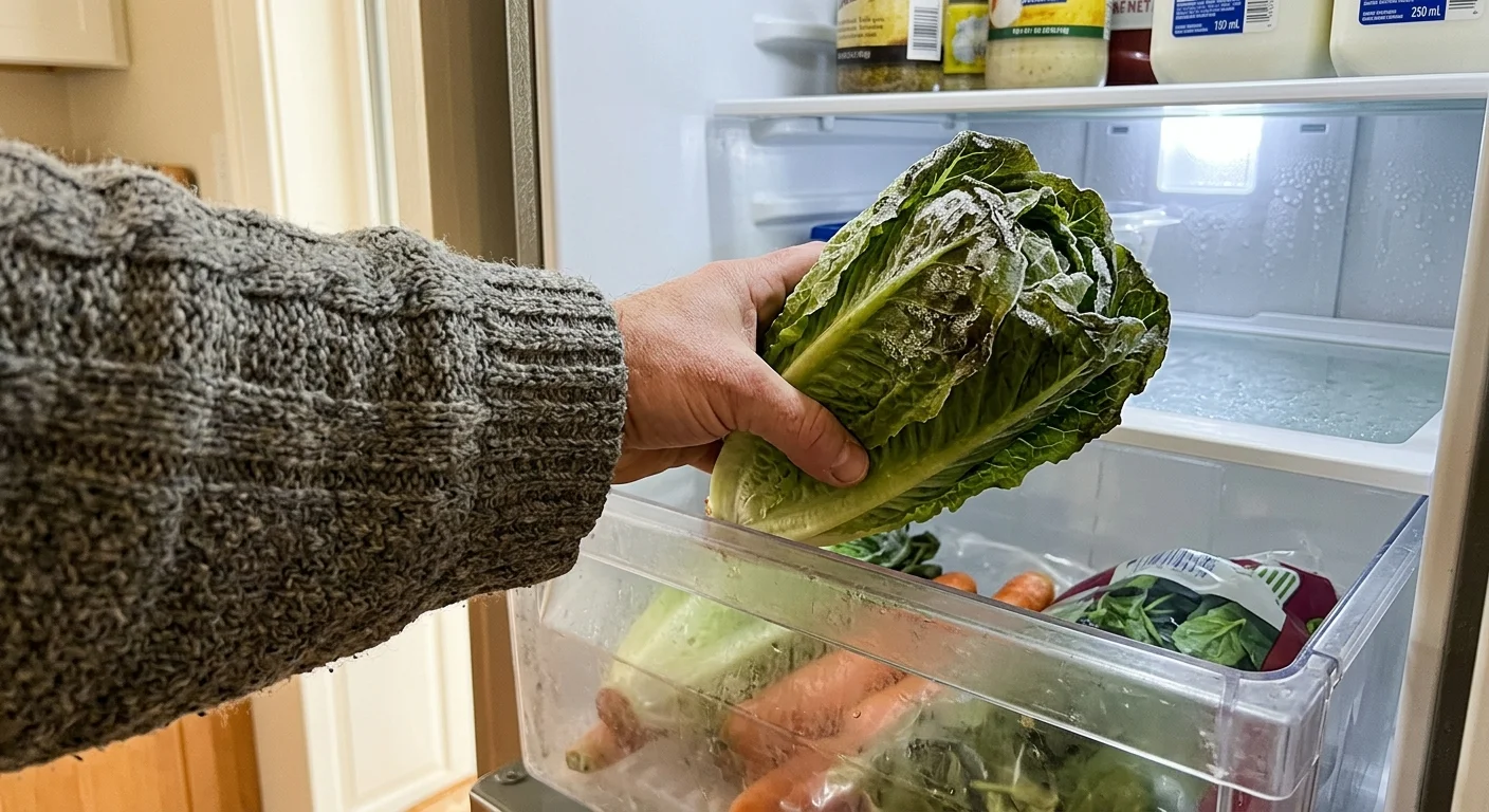 A close-up shot of hands pulling a head of romaine lettuce out of a fridge drawer with visible ice damage on the leaves.