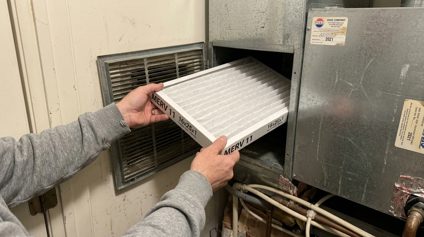 A close-up shot of hands replacing a clean white MERV 11 furnace air filter into a residential HVAC system slot.