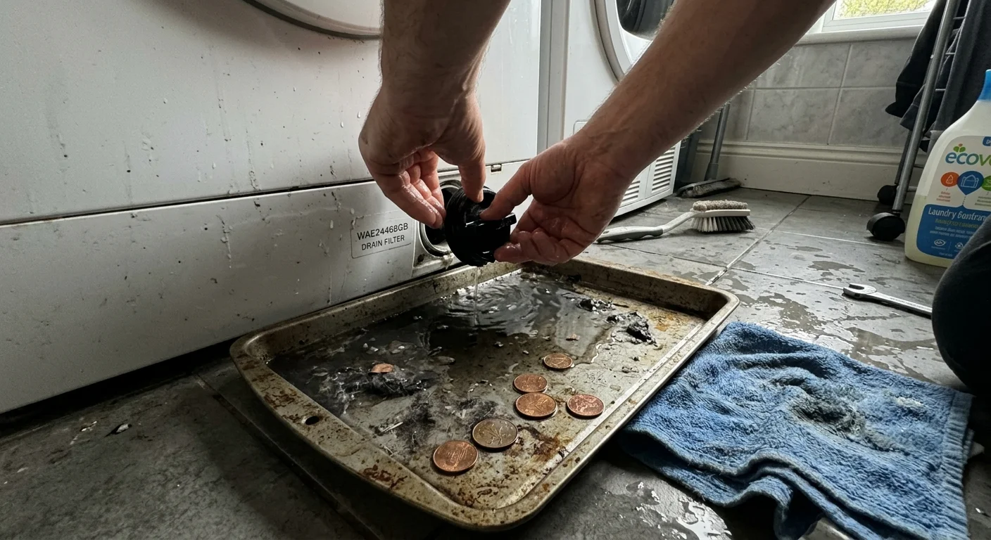 A close-up shot of hands unscrewing a drain filter at the bottom of a washing machine, with a tray catching dirty water.