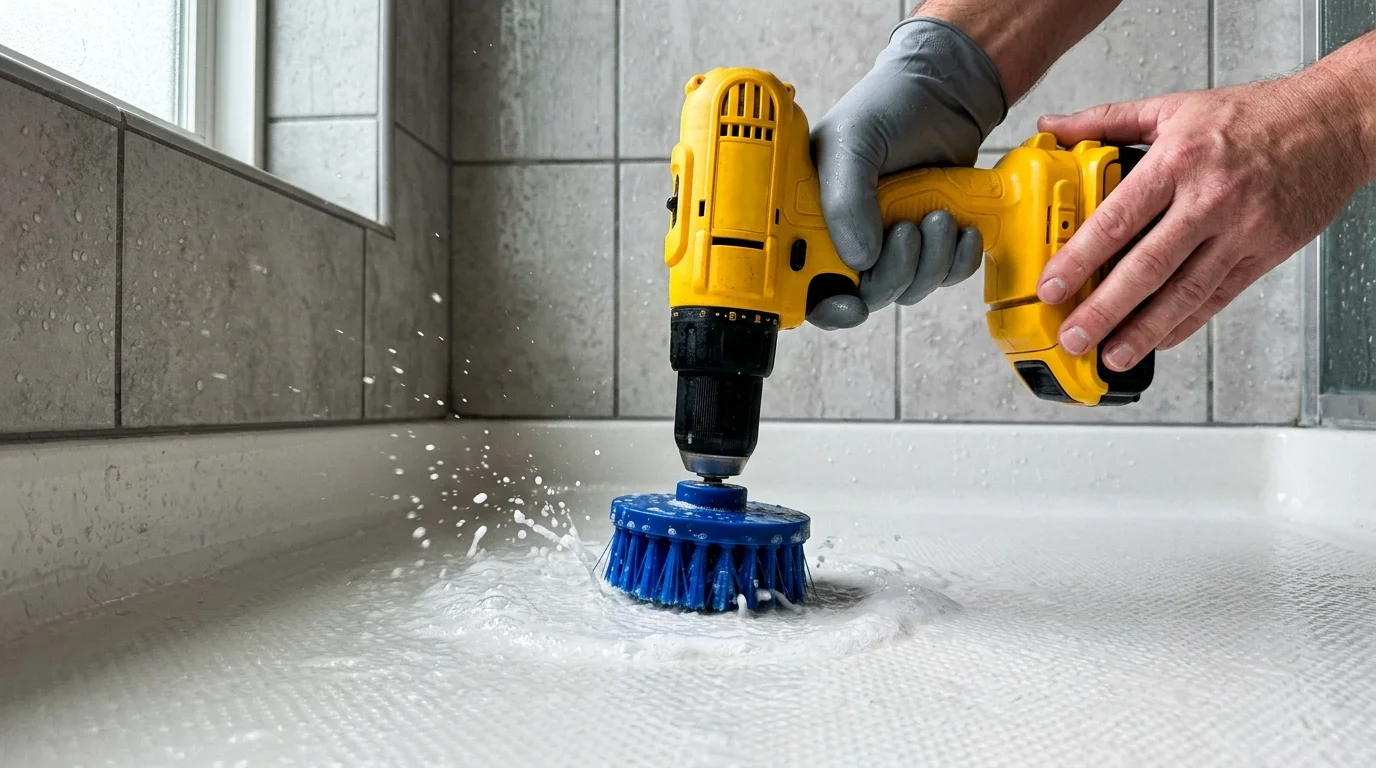 A close-up shot of hands using a cordless drill with a blue brush attachment to scrub shower floor tiles.