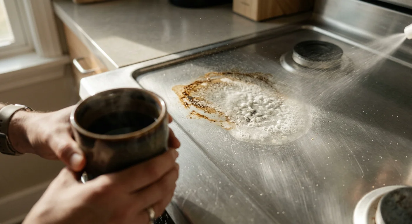 A close-up shot of liquid cleaner sitting on a greasy stovetop, with a person holding a coffee cup out of focus in the foreground.