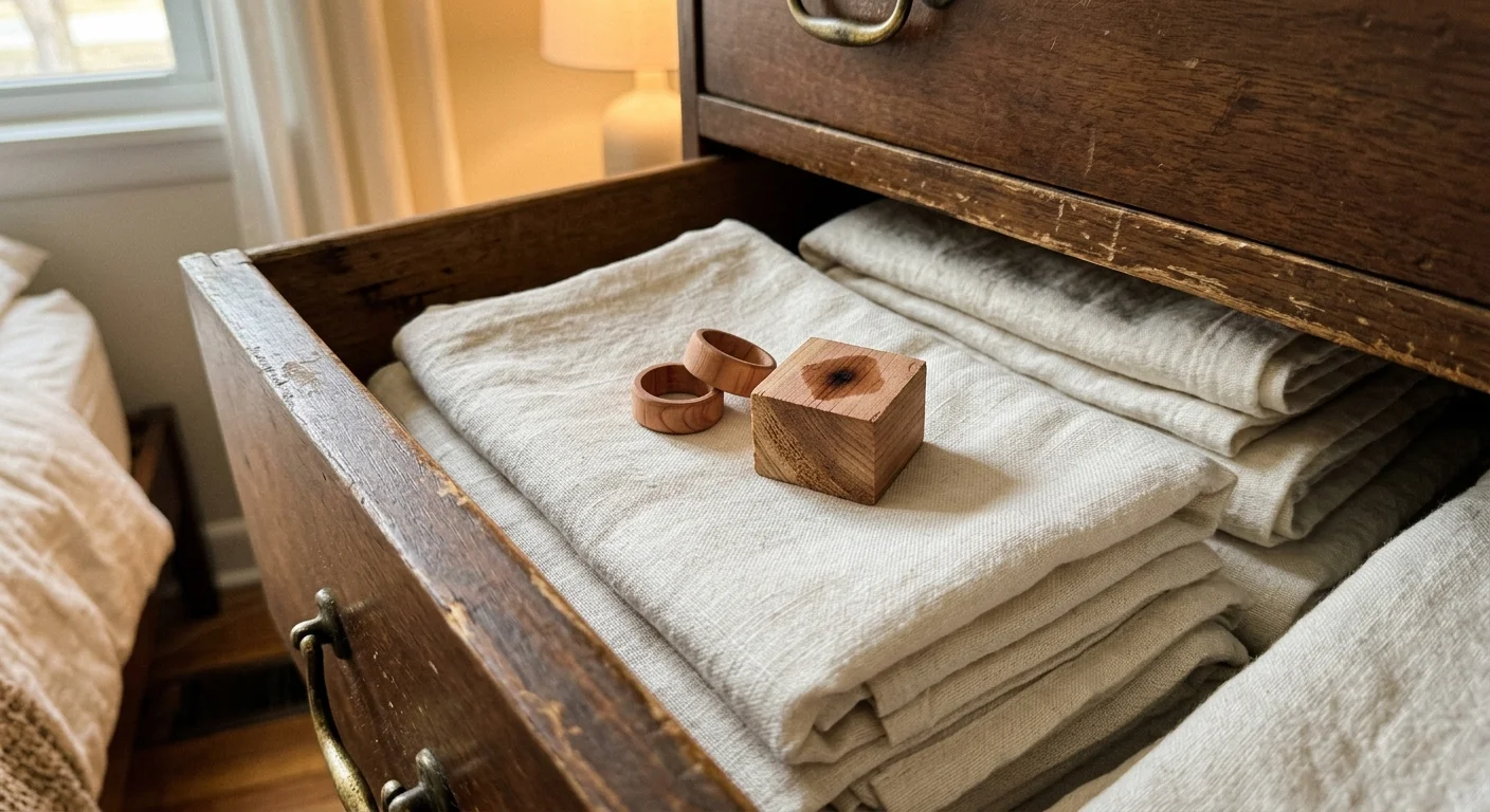 A close-up snapshot of cedar wood blocks sitting on neatly folded white linens inside an open wooden dresser drawer.