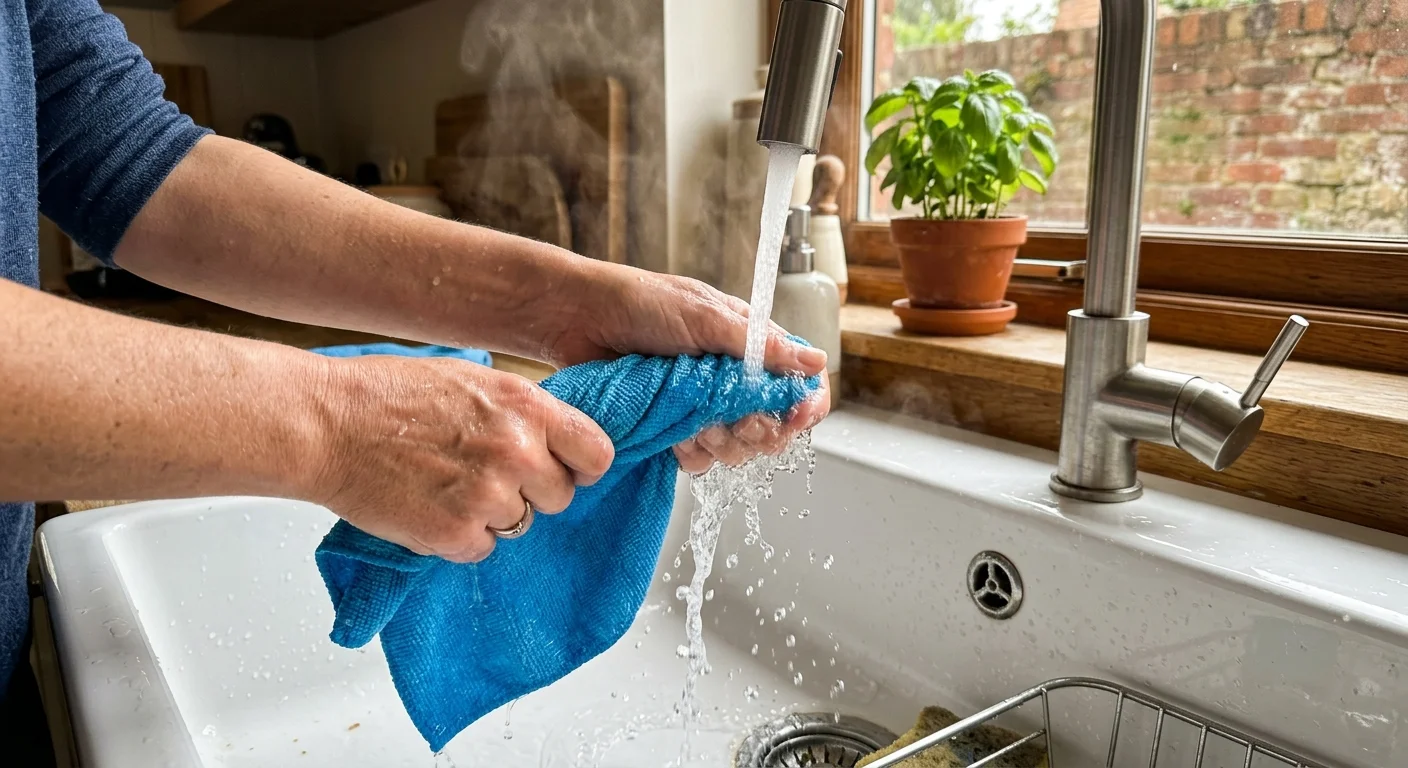 A close-up snapshot of hands dampening a blue microfiber cloth under a warm, steaming stream of running water at a kitchen sink.