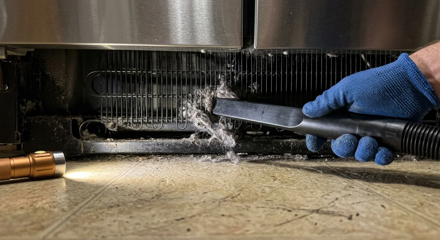 A close-up view of a vacuum attachment cleaning dust and debris from the condenser coils under a kitchen refrigerator.