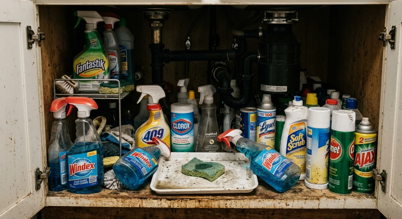 A cluttered under-sink cabinet crammed with duplicate cleaning spray bottles, sponges, and aerosol cans.