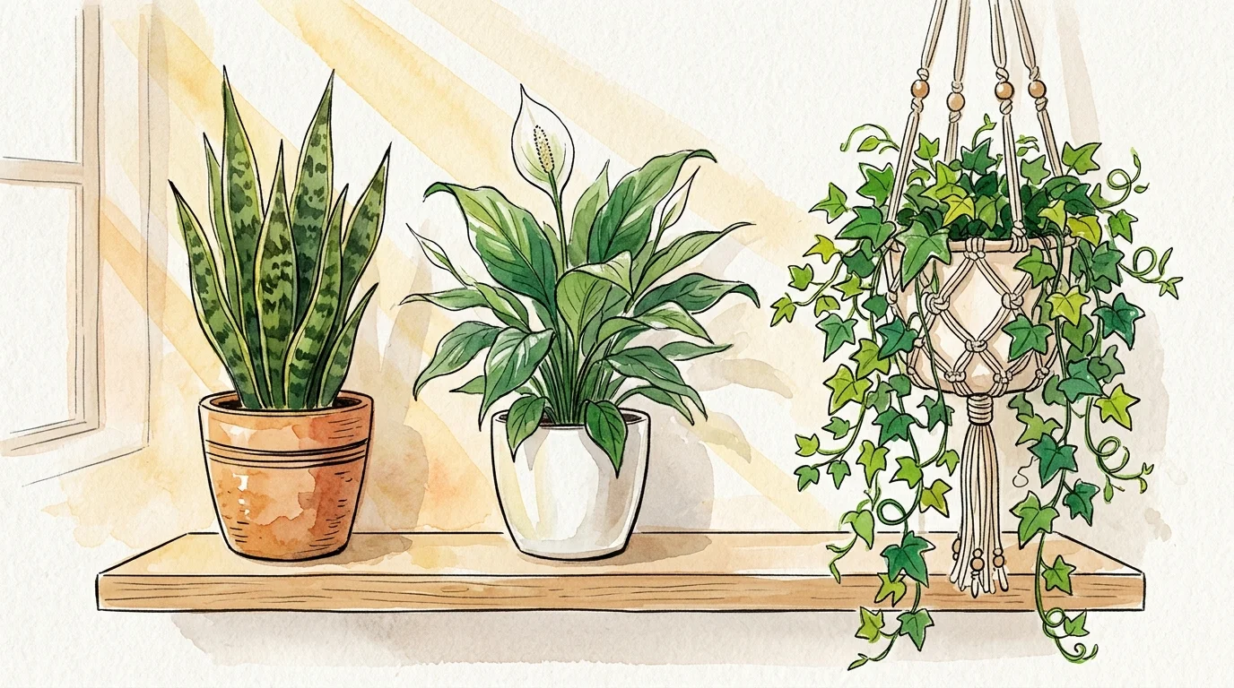 A colorful watercolor illustration of a snake plant, peace lily, and cascading english ivy sitting on a wooden shelf in the sunlight.
