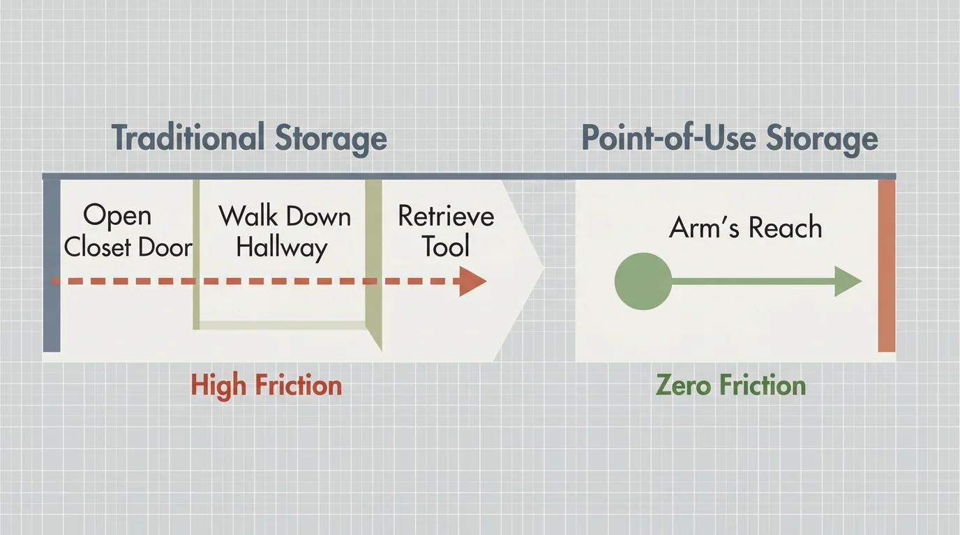 A comparative diagram showing how traditional multi-step storage creates friction compared to single-step point-of-use placement.