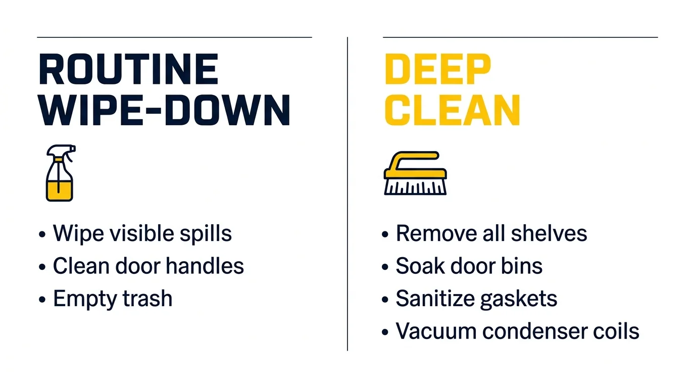 A comparative infographic chart contrasting a routine refrigerator wipe-down with a comprehensive deep clean.