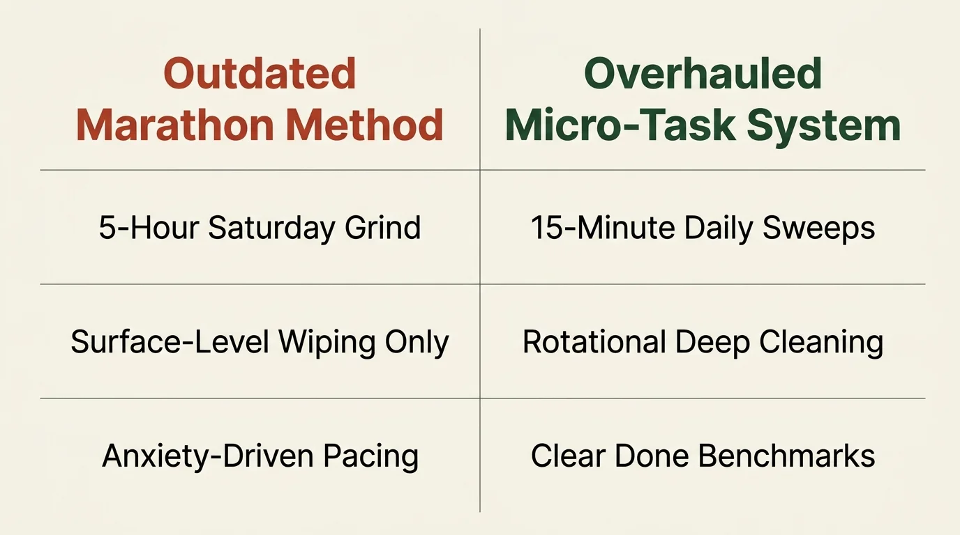 A comparative table contrasting the 'Outdated Marathon Method' with the 'Overhauled Micro-Task System' in a clean list format.