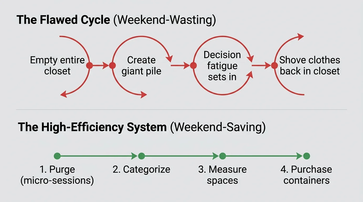 A comparison diagram showing a looping 'Flawed Cycle' of decluttering versus a linear, four-step 'High-Efficiency System'.