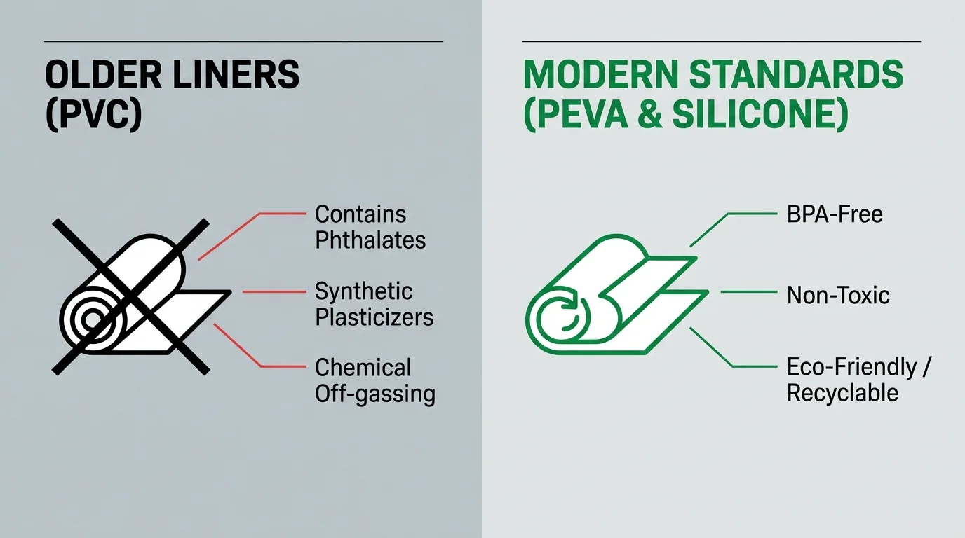 A comparison diagram showing the health hazards of older PVC liners versus the eco-friendly and safe materials used in modern liners.