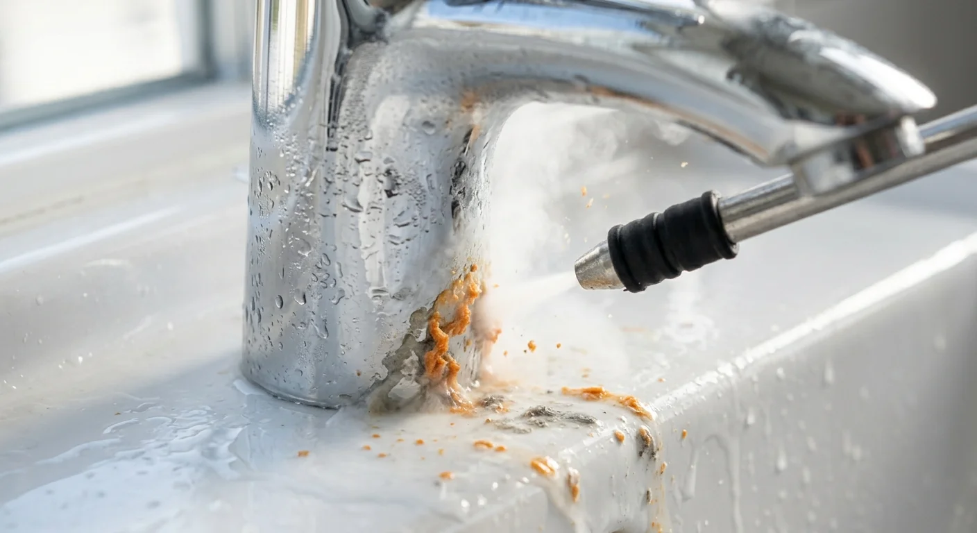 A concentrated jet of steam cleaning the hard-to-reach seam at the base of a chrome faucet.