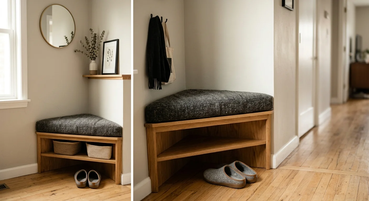 A cozy wooden corner storage bench with a woven gray cushion and slippers underneath, tucked neatly into a small entryway corner.