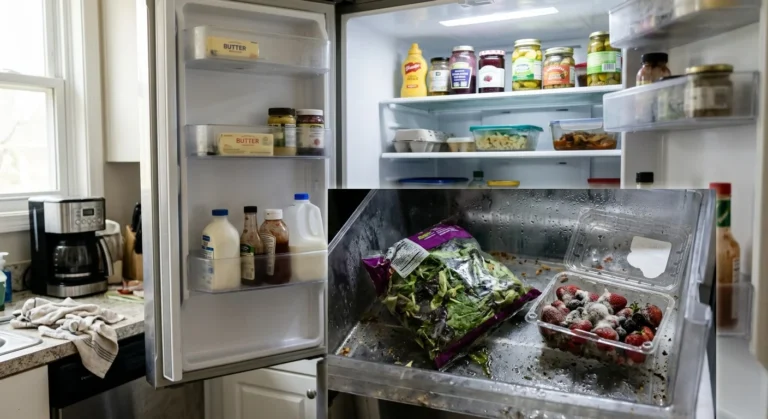 A damp, forgotten bag of slimy salad greens and moldy strawberries sitting inside a dark bottom refrigerator crisper drawer.