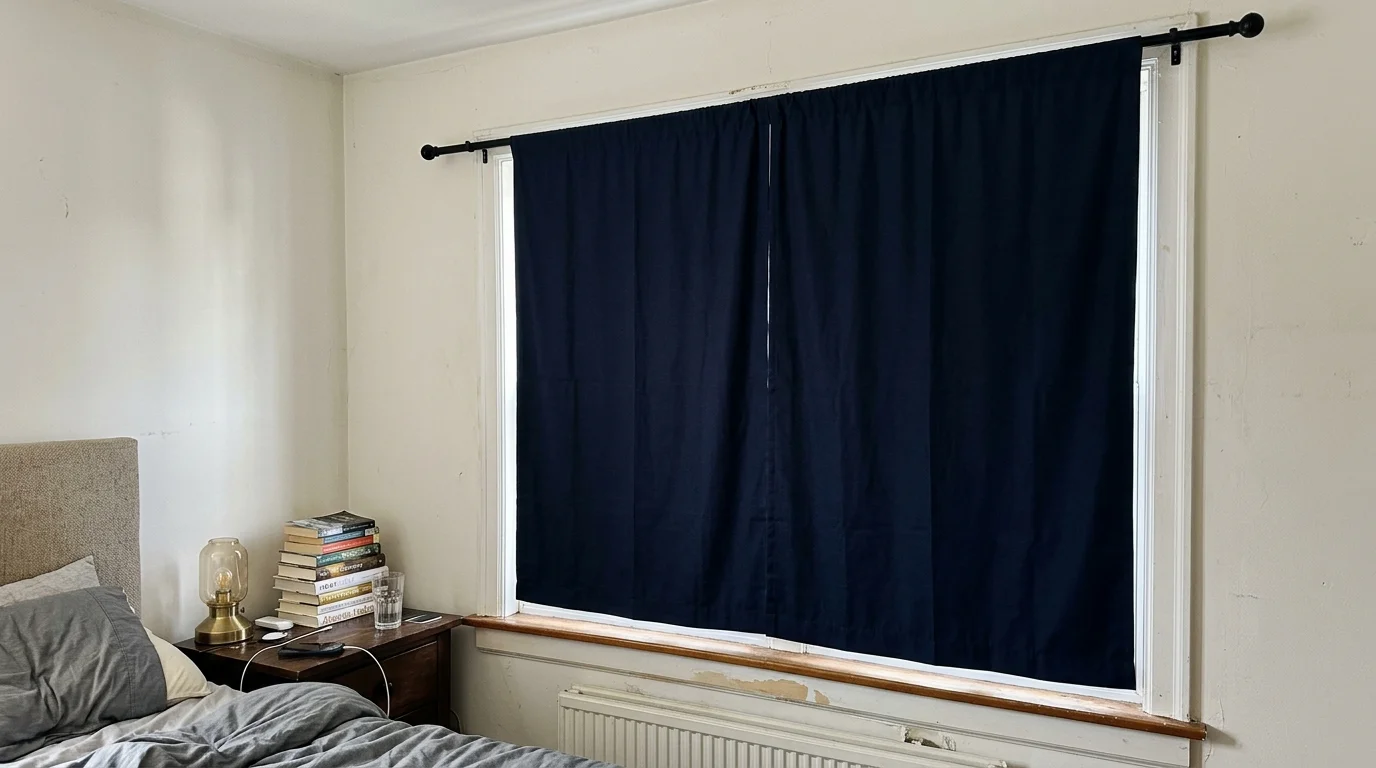 A dark blue curtain pulled completely flat and taut across a bedroom window, lacking folds.