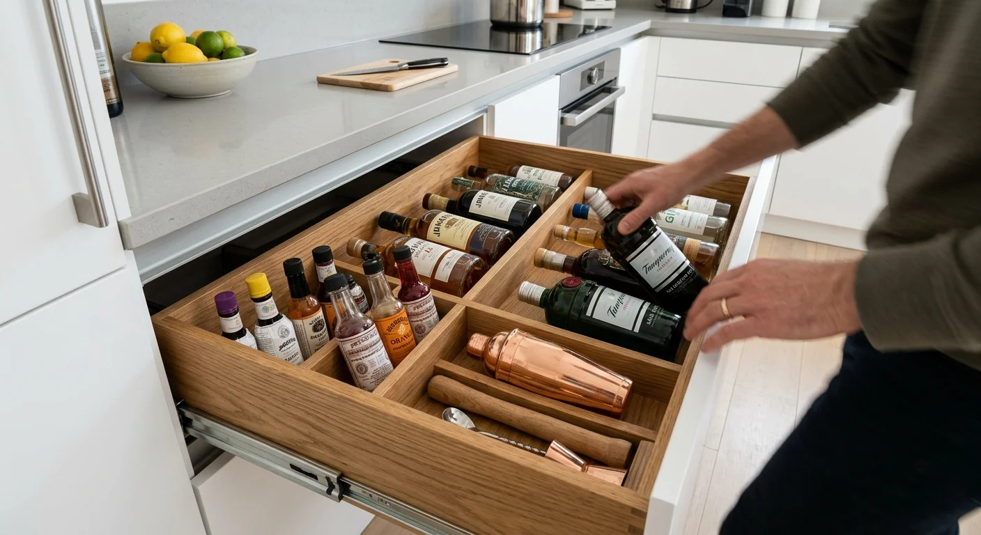 A deep kitchen pull-out cabinet drawer organized with wooden dividers holding bottles and bar tools.