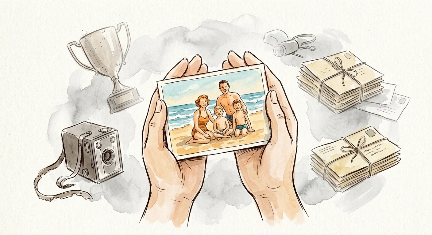 A delicate watercolor and ink illustration of hands holding a single cherished photo while other vintage items softly fade away.