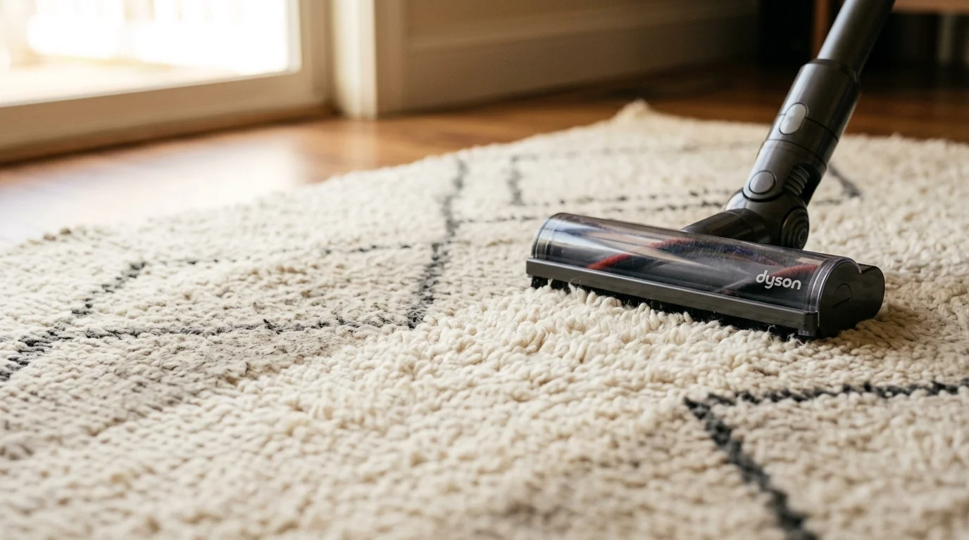 A detailed close-up of a modern vacuum head deep-cleaning a thick, woven cream-colored wool area rug.