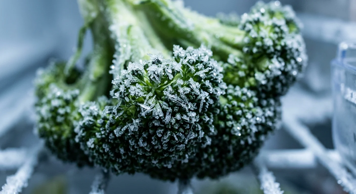 A detailed macro photograph of delicate ice crystals forming on the buds of a green broccoli floret.