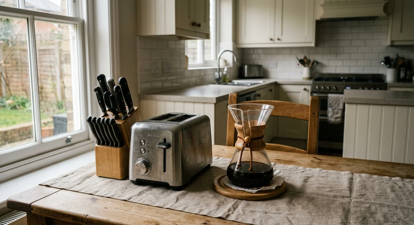 A dining table holding a toaster, knife block, and coffee maker, cleared off the kitchen counters.