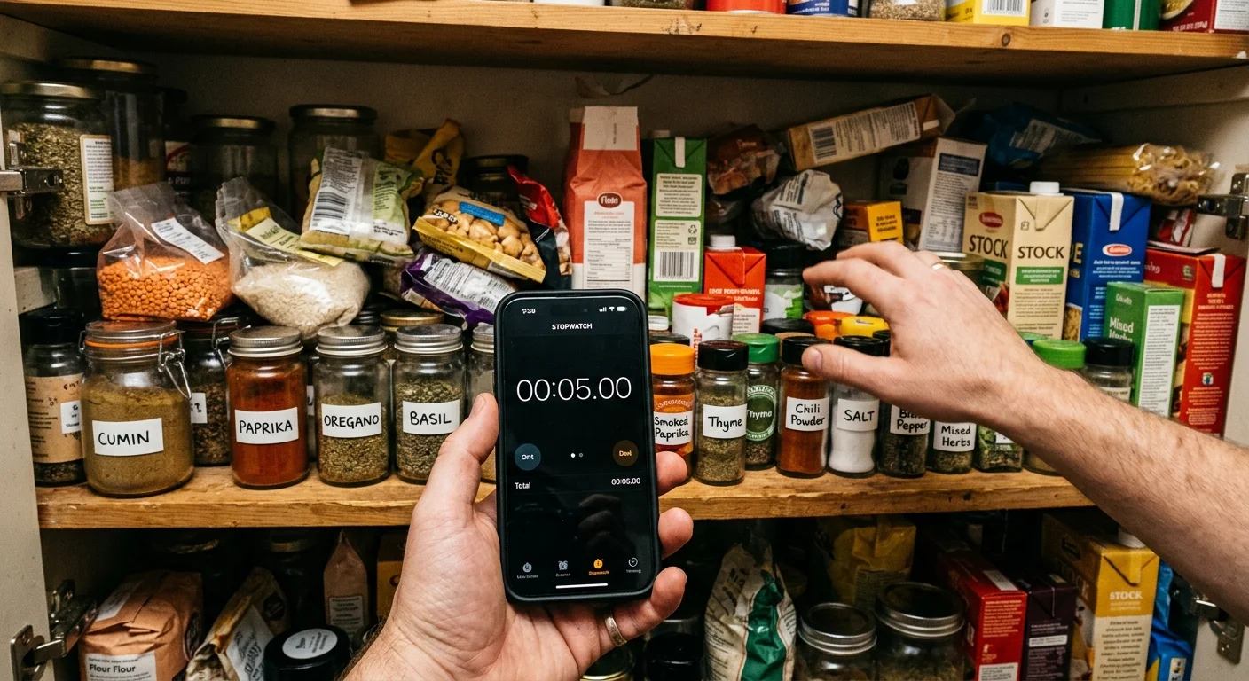 A first-person view of a hand holding a phone stopwatch showing 5 seconds, while looking at a cluttered pantry shelf of spices and bags.