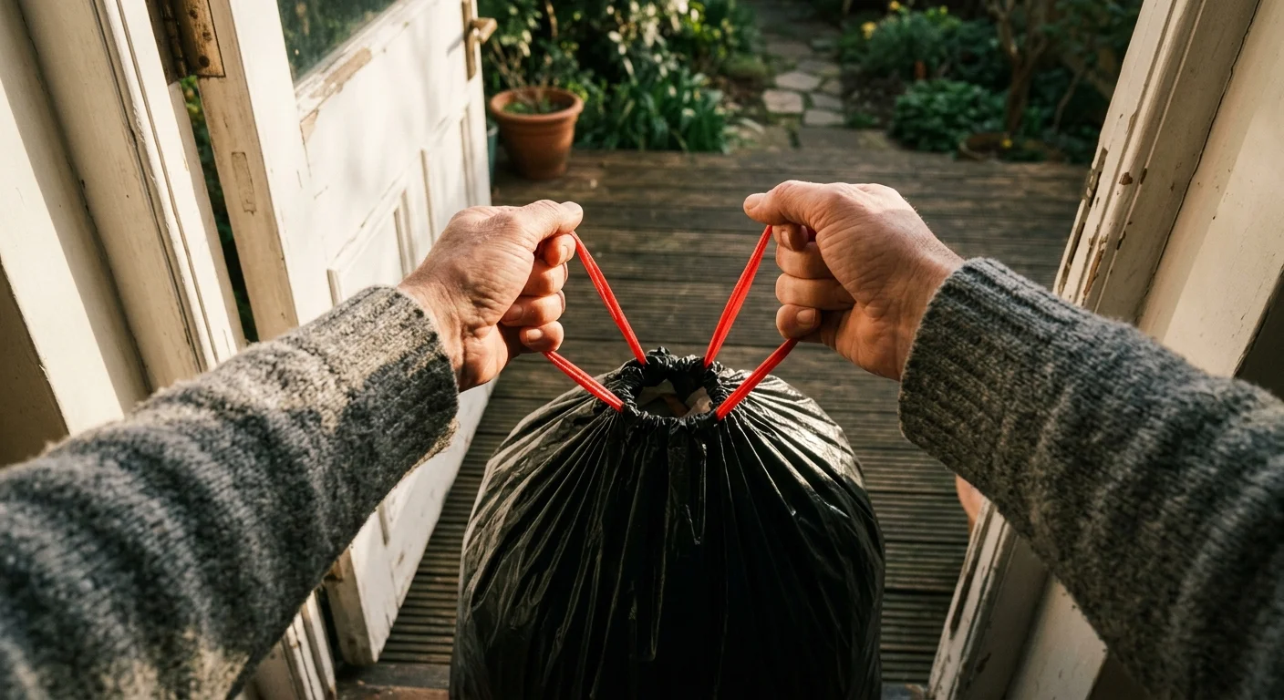 A first-person view of hands carrying a full black garbage bag out of a sunlit doorway.
