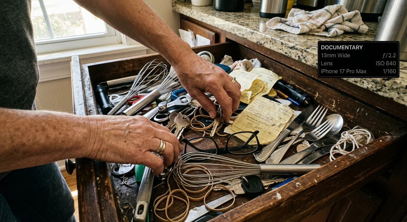 A first-person view of hands searching through a messy, cluttered drawer filled with kitchen tools and household junk.