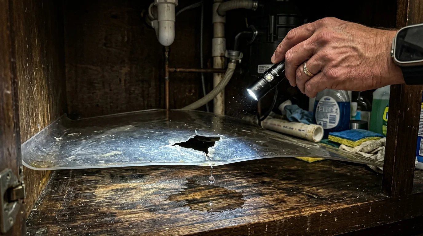 A flashlight illuminates a tear in a clear plastic under-sink mat, showing water leaking through onto the wooden cabinet floor.