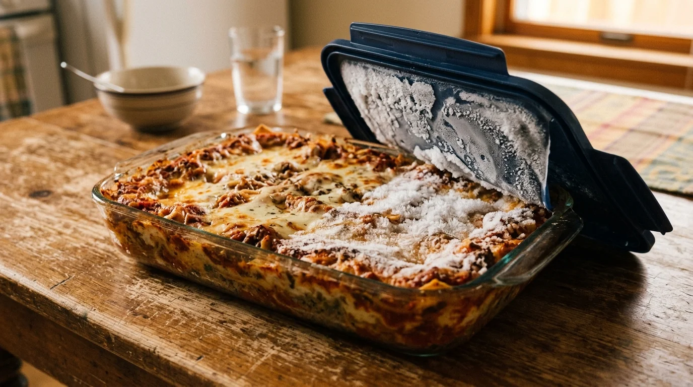 A glass lasagna container with its lid partially open, showing a thick layer of frost on the underside of the lid.