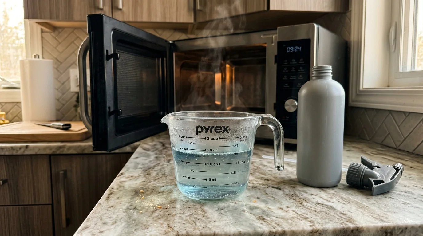 A glass measuring cup of steaming vinegar mixture sits on a kitchen counter next to an empty spray bottle.