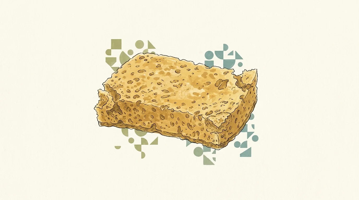 A gouache illustration of a crumbling yellow kitchen sponge, surrounded by abstract patterns representing microscopic bacteria.