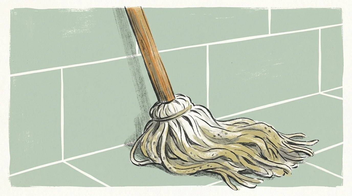 A gouache illustration of a worn, matted cotton mop head with discolored gray and yellow strands leaning against a tiled wall.