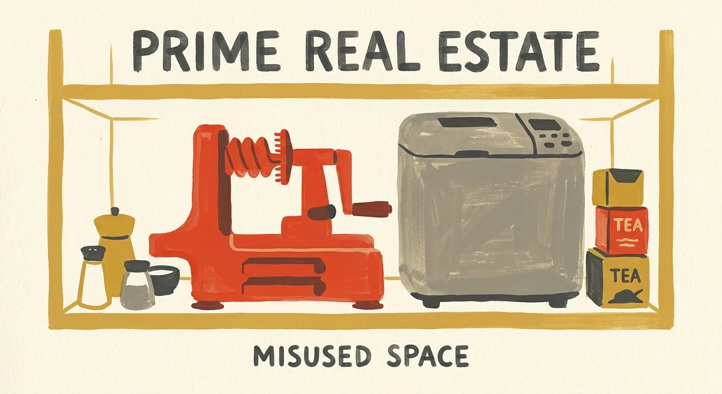 A gouache illustration of an oversized red kitchen gadget taking up most of a pantry shelf, crowding out small food boxes.