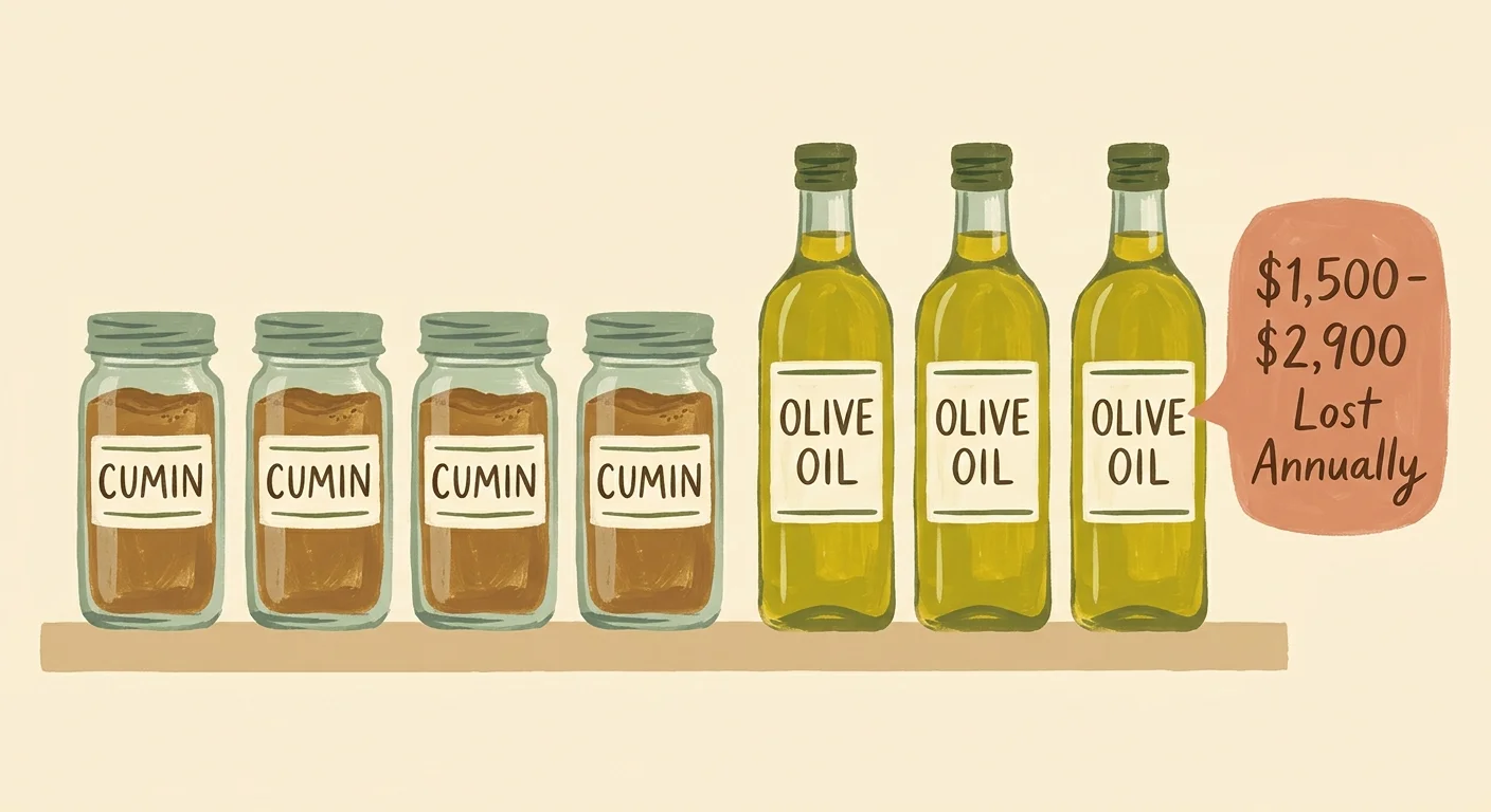 A gouache illustration of four identical cumin jars and three olive oil bottles on a shelf with a tag reading $1,500 - $2,900 Lost Annually.