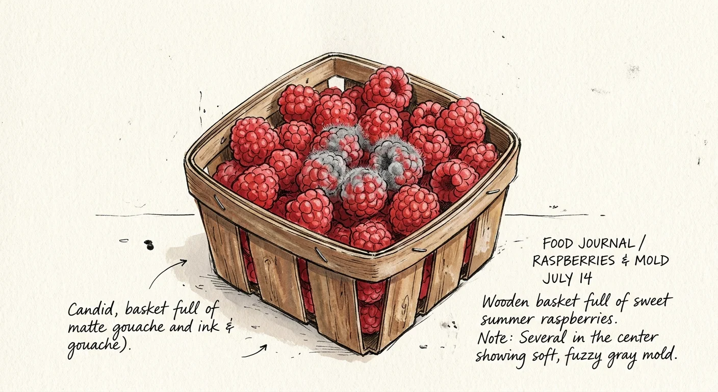 A gouache illustration of fresh red raspberries in a wooden basket with a light dusting of gray mold.