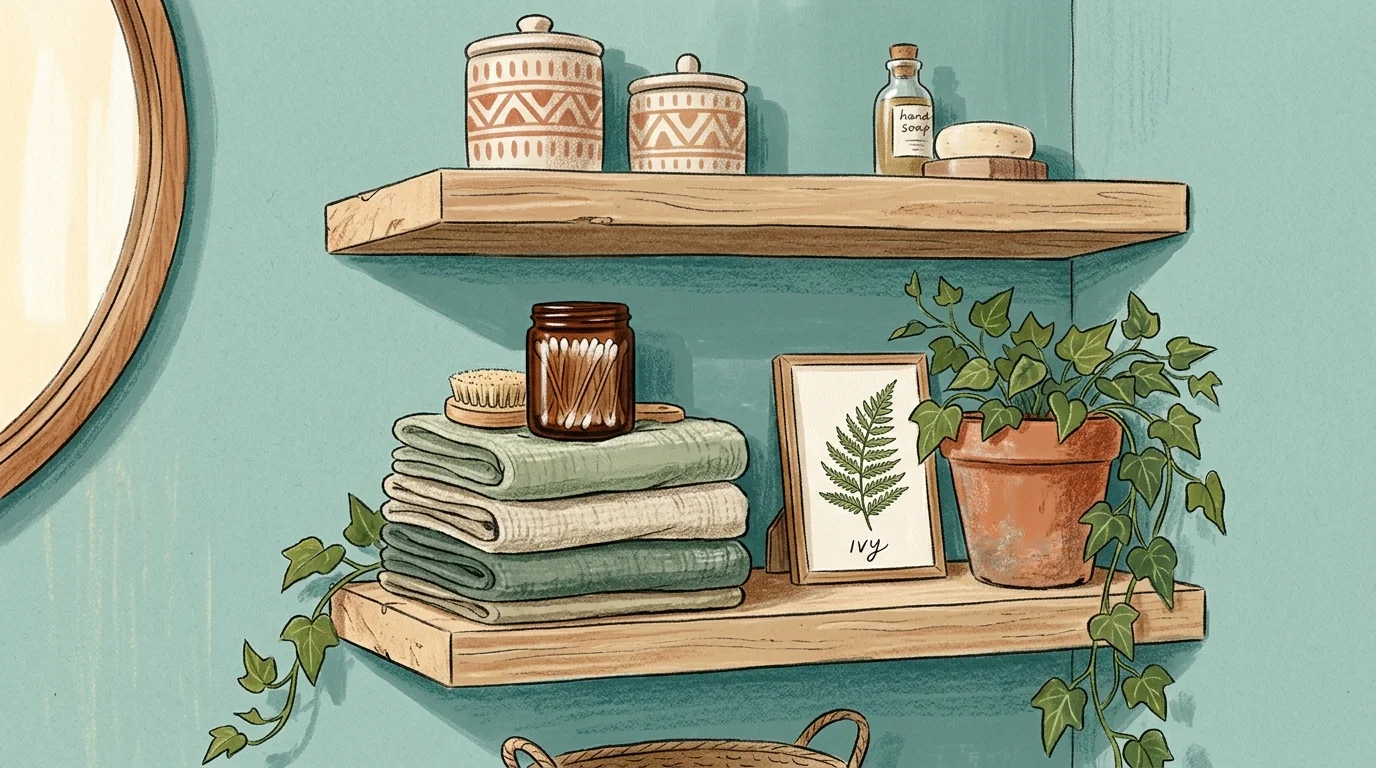 A gouache illustration of three floating wooden shelves holding ceramic canisters, folded linen washcloths, and a trailing plant.
