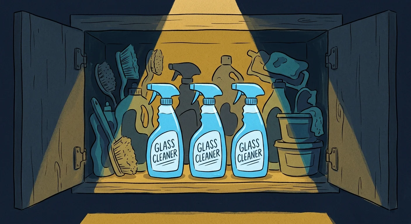 A gouache illustration of three identical glass cleaner spray bottles hidden in the dark recesses of an unorganized cabinet.