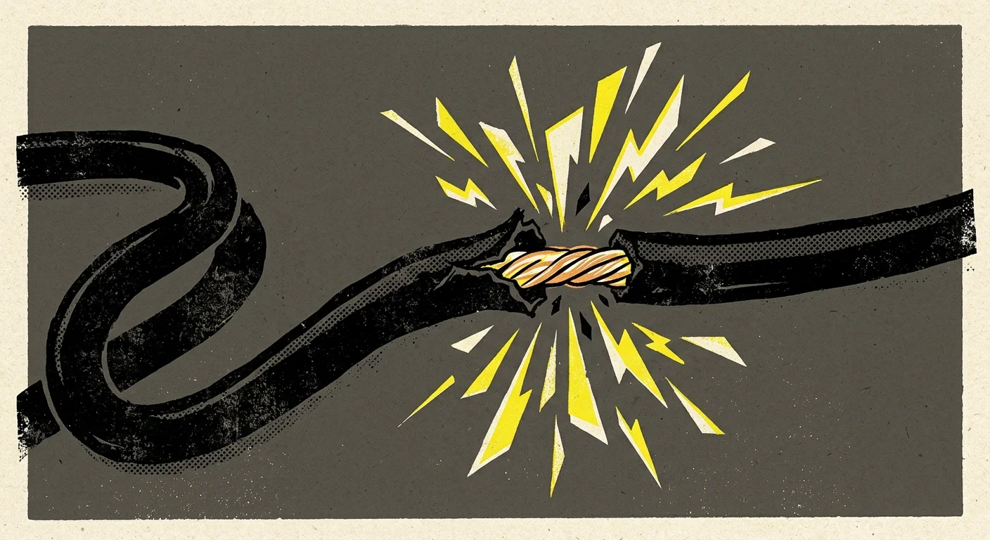 A graphic illustration of a frayed black electrical cord with stylized yellow sparks coming from the exposed copper wiring.