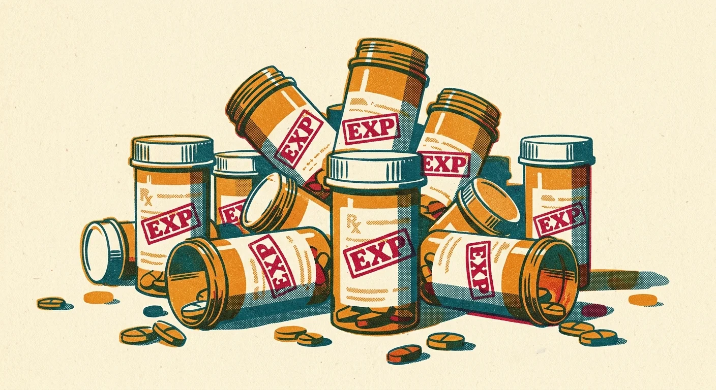 A graphic risograph illustration of old amber prescription medicine bottles with red expired stamps, representing safe medicine disposal.