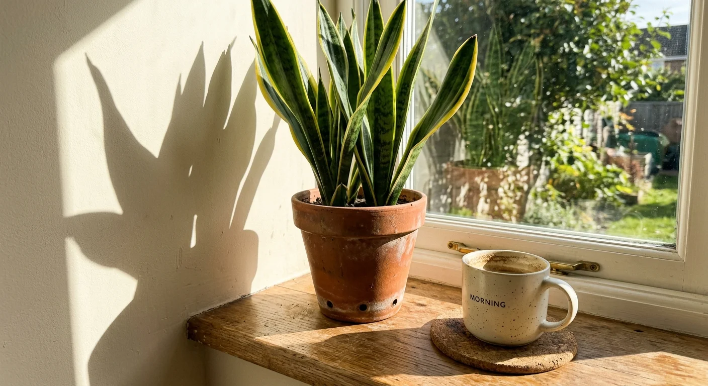 A green snake plant in a terracotta pot sits on a sunny wooden windowsill next to a ceramic coffee mug.