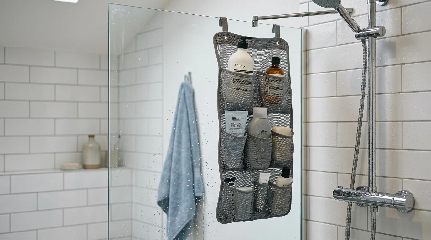 A grey multi-pocket mesh shower caddy hanging from a shower head against white subway tiles.