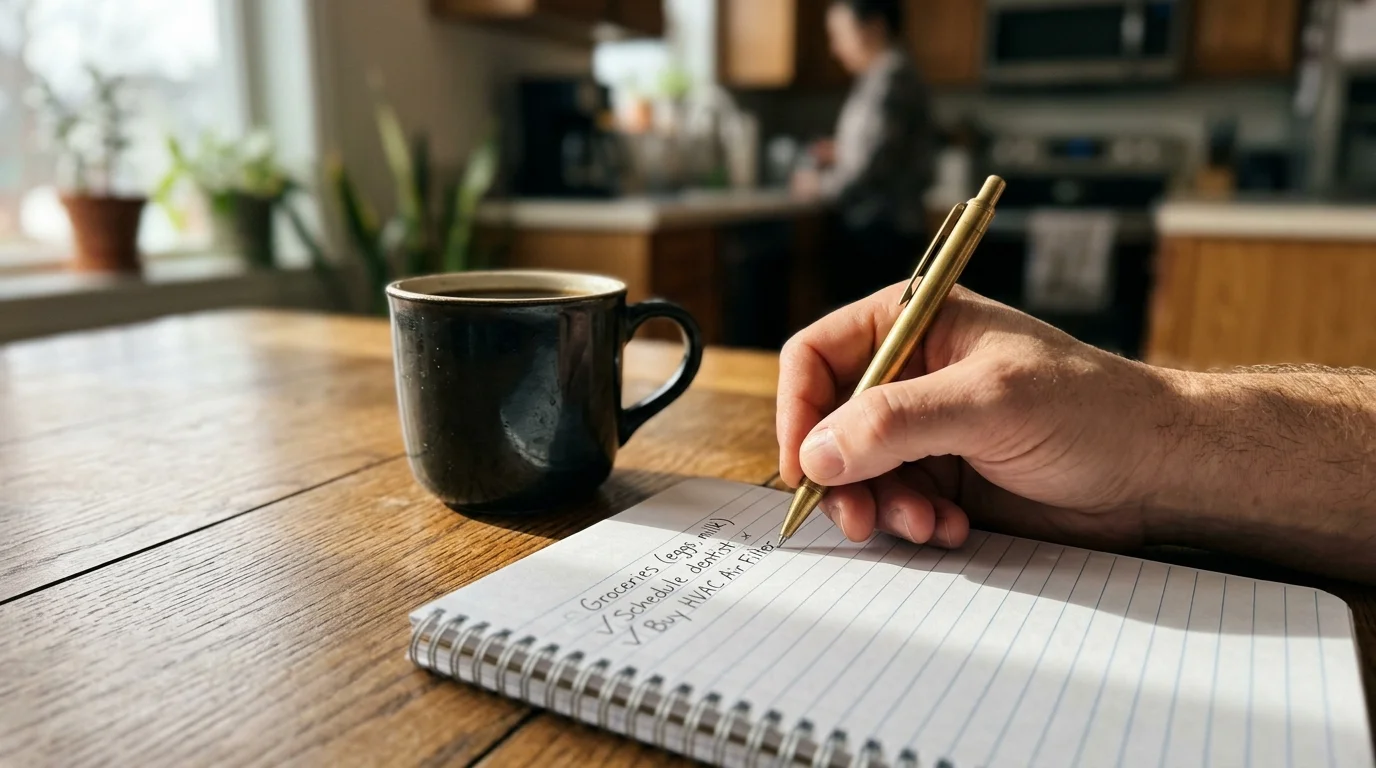 A hand checking off the first task on a handwritten autumn cleaning list on a sunny kitchen table next to a coffee mug.