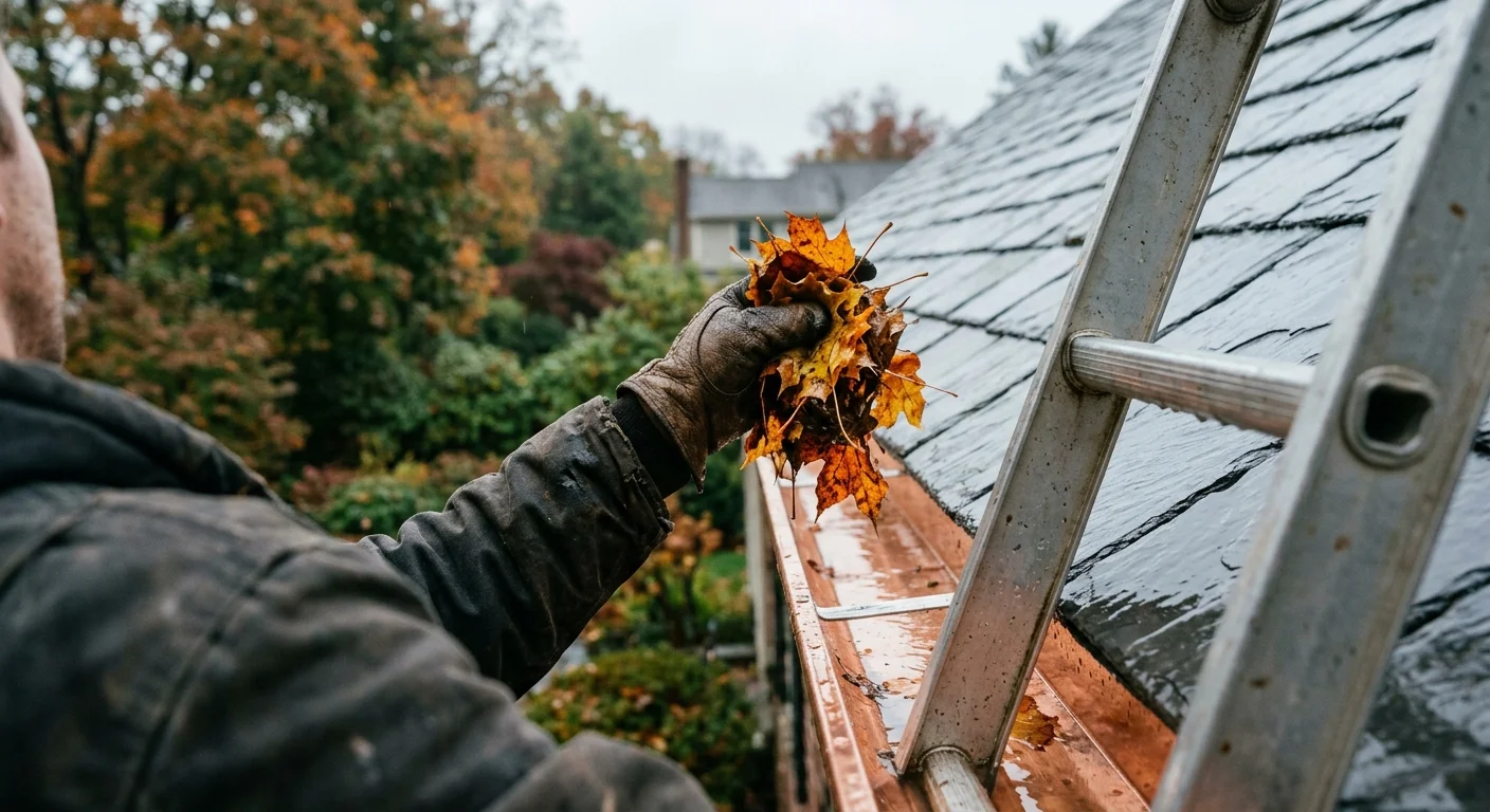 A hand in a leather work glove clears wet autumn leaves from a copper rain gutter along a roofline.