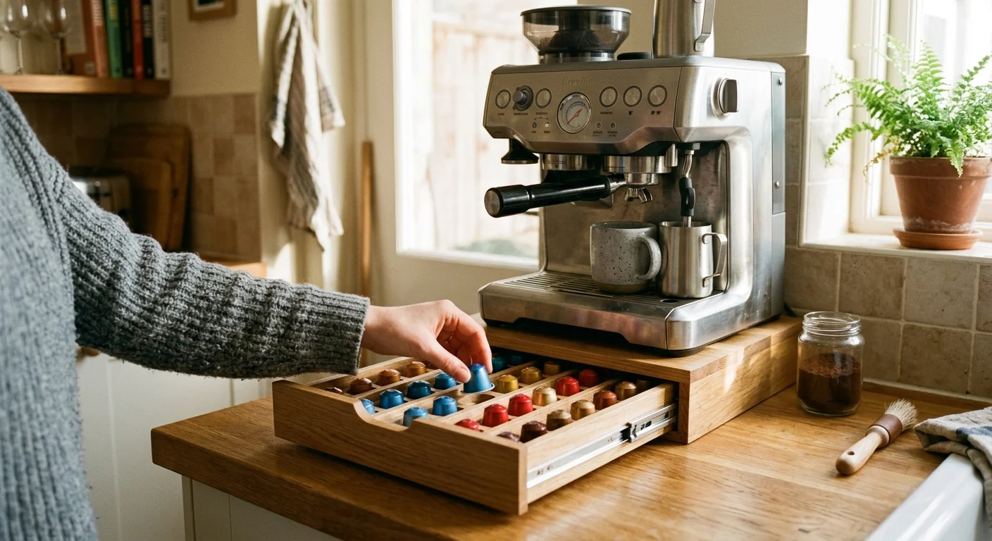 A hand reaches into a wooden drawer directly beneath an espresso machine to select a coffee pod.
