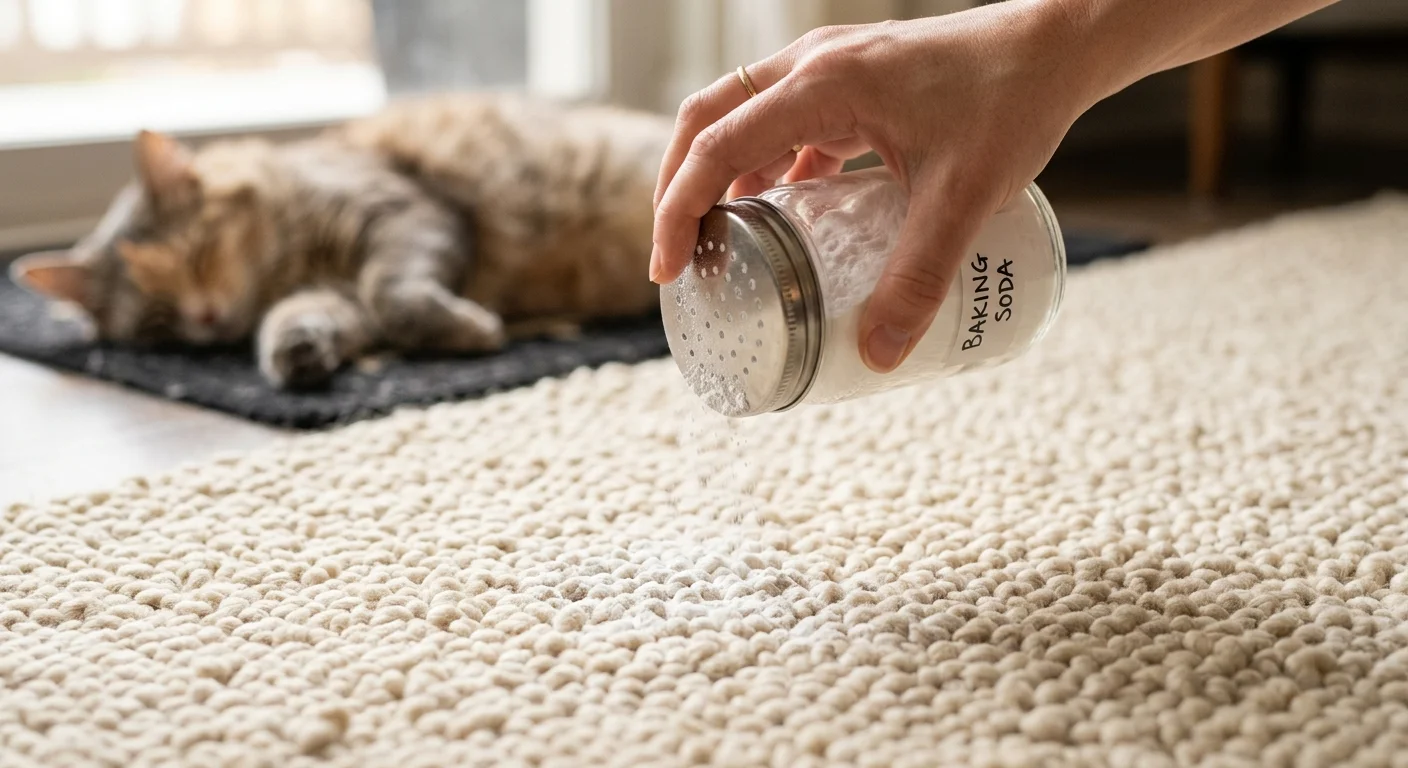 A hand sprinkling fine white baking soda powder from a glass shaker jar onto a thick, light-colored wool carpet.