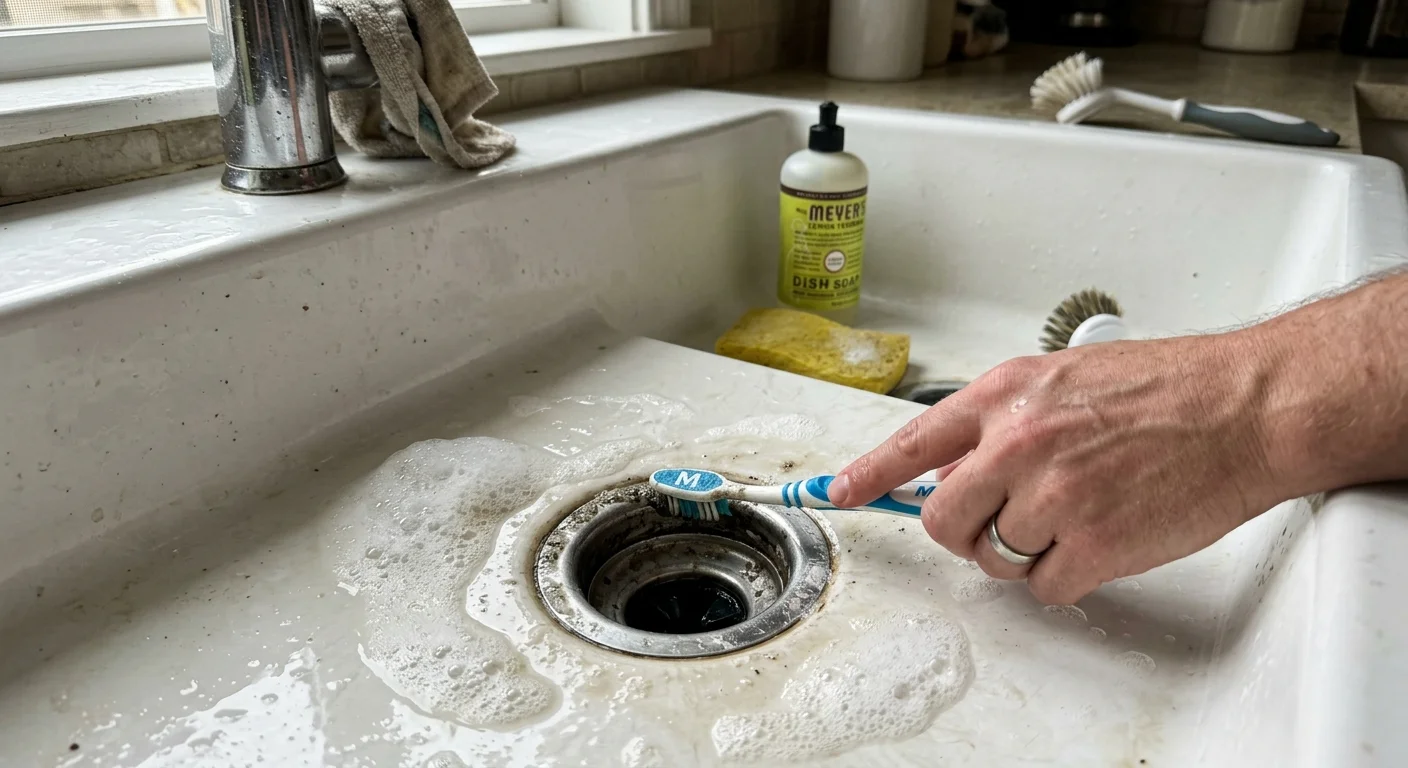 A hand using a toothbrush to scrub around the metal drain flange of a white ceramic sink.